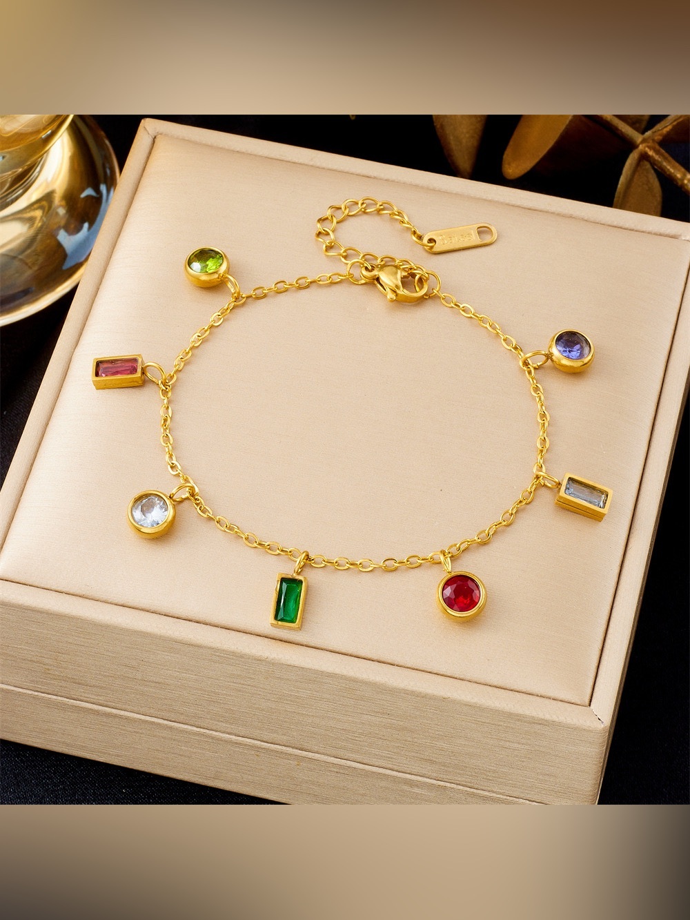 BraceletGold Multicolor Gemstone Charm Bracelet - Women Jewelry